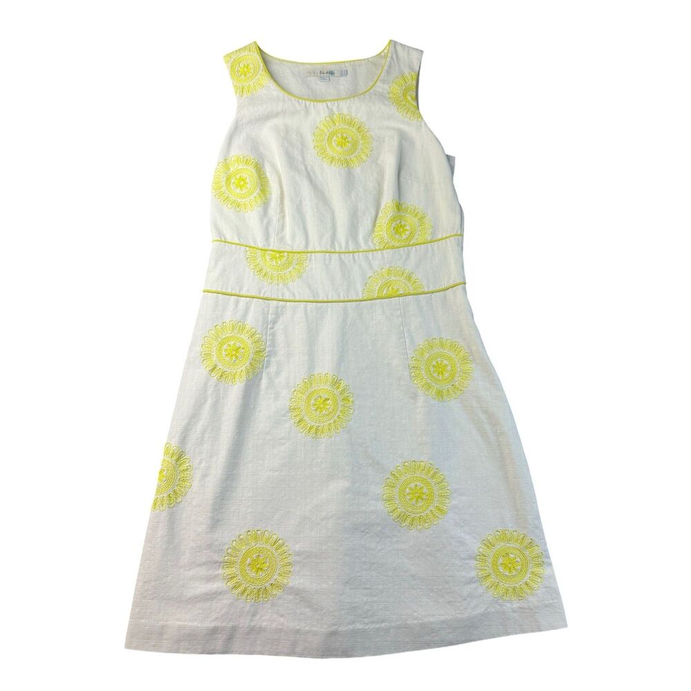 Boden Dress Womens 8R White Yellow Sheath Sleeveless Cotton Side Zip Embroidered
